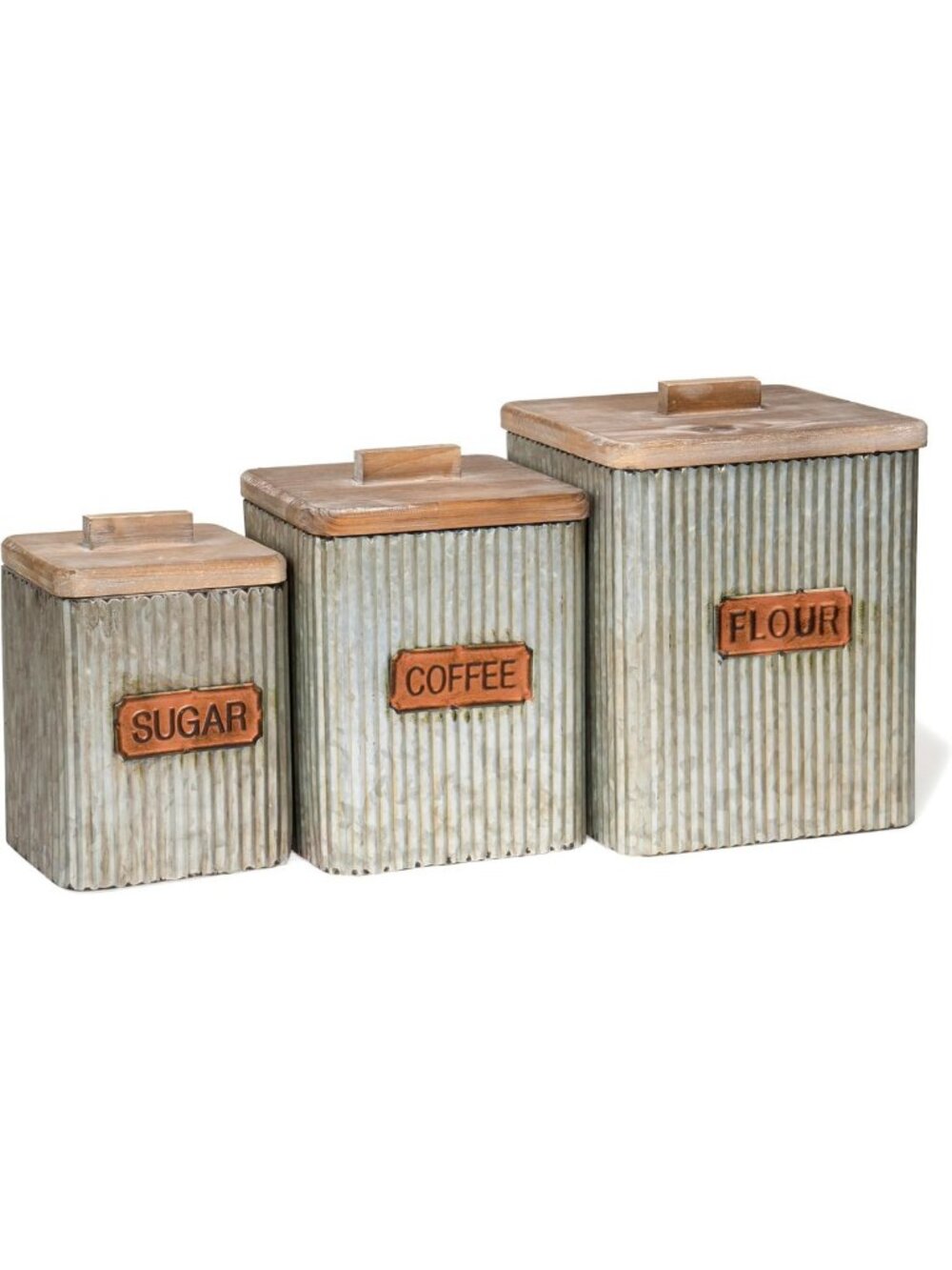 Set of 3 Distressed Metal Storage Canisters for Sugar, Coffee & Flour with Lids